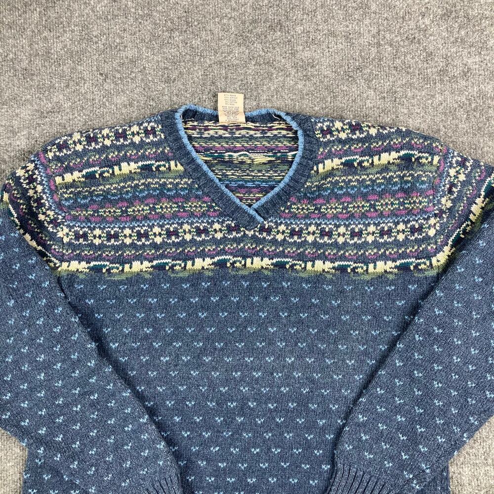 High Sierra Sweater Womens Size L Blue Multicolor V-Neck Fair Isle Knit Pullover
